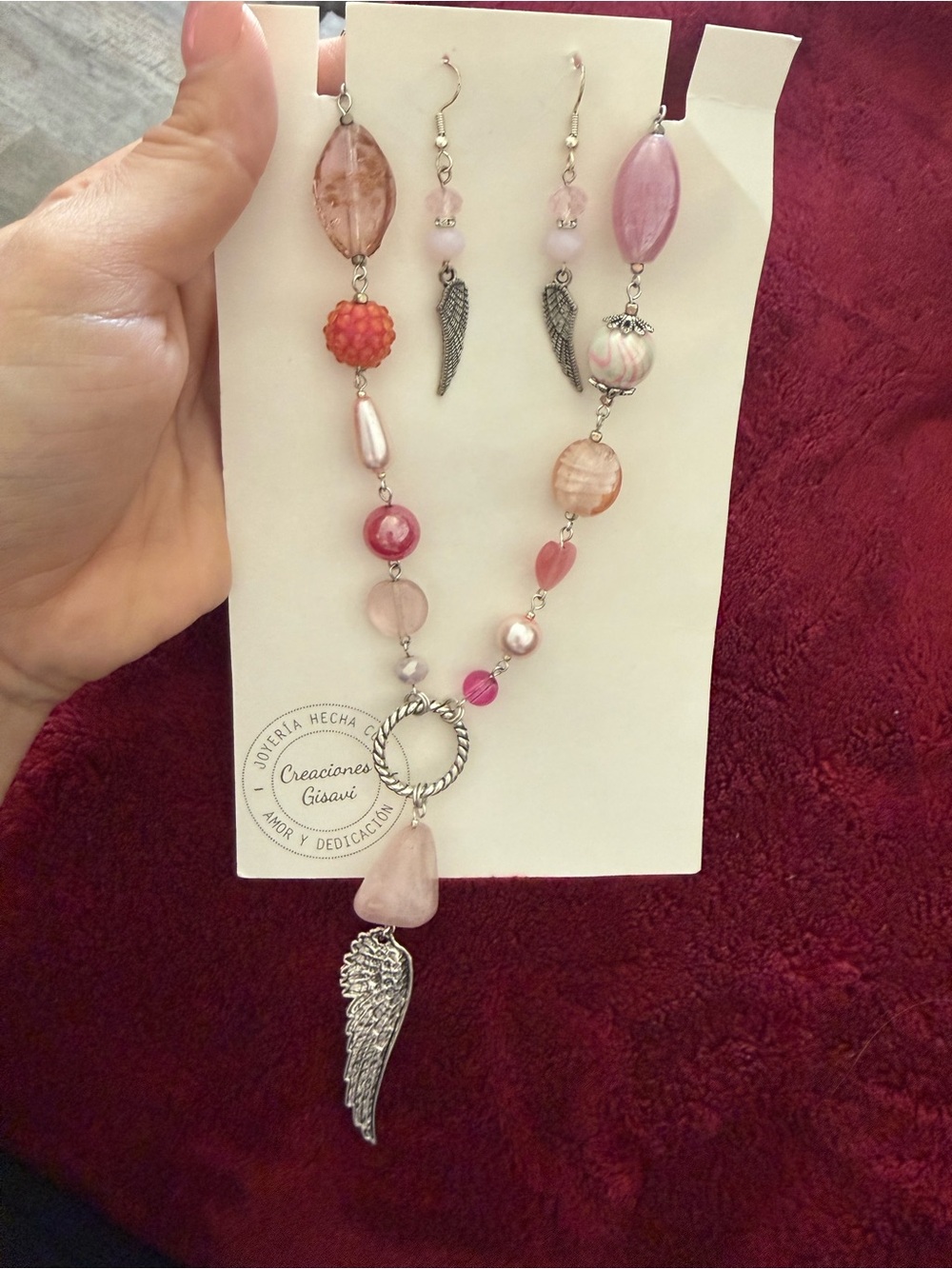 Pink Beaded Wing Pendant Necklace